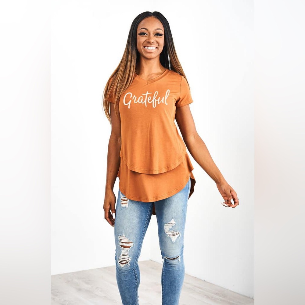 Latched Mama v-neck boyfriend nursing maternity tee - Grateful burnt orange
